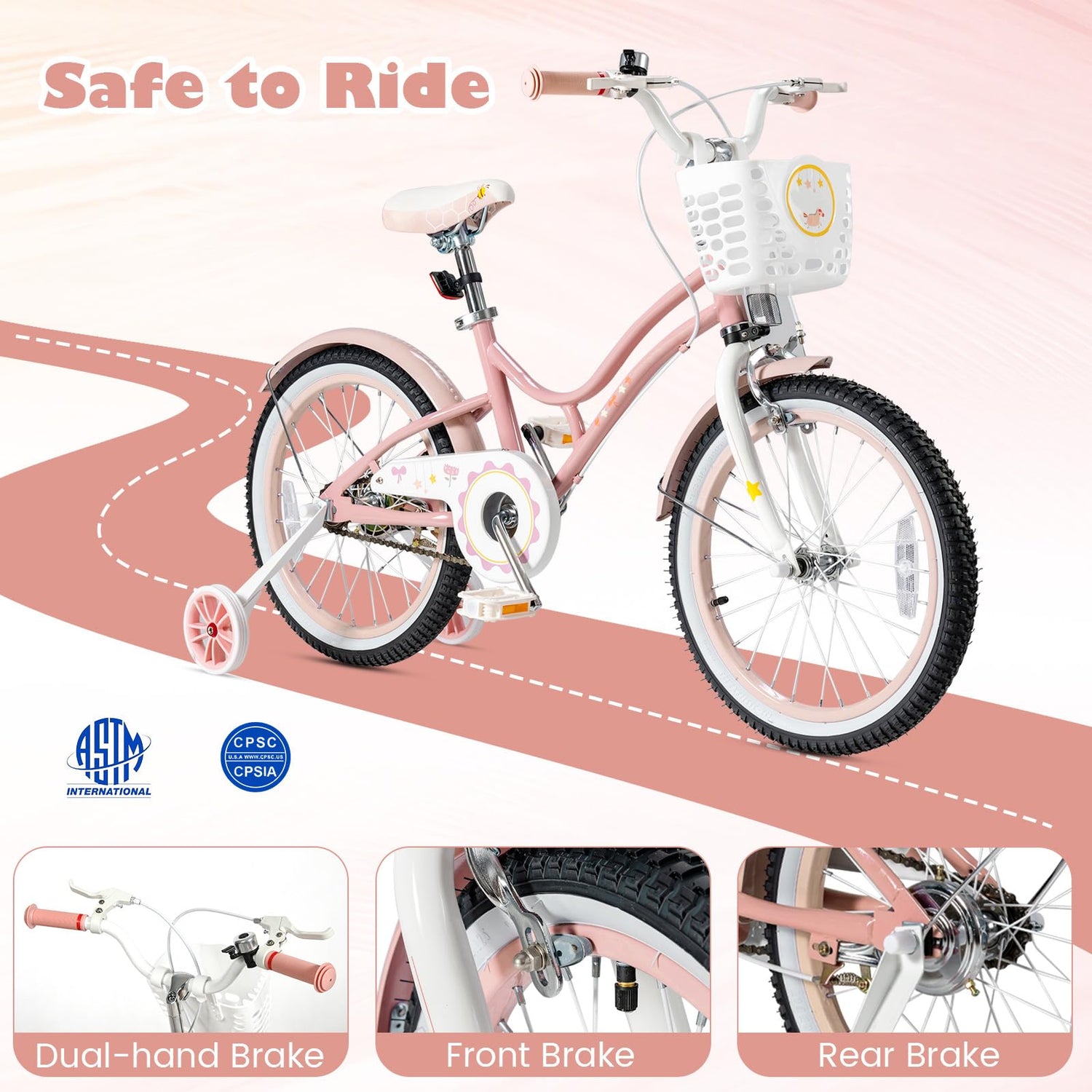 GYMAX Girls Bike for Toddler & Kids Aged 6-9, 18 Inch Kids Bicycle w/Training Wheels, Basket, Bell & Kickstand