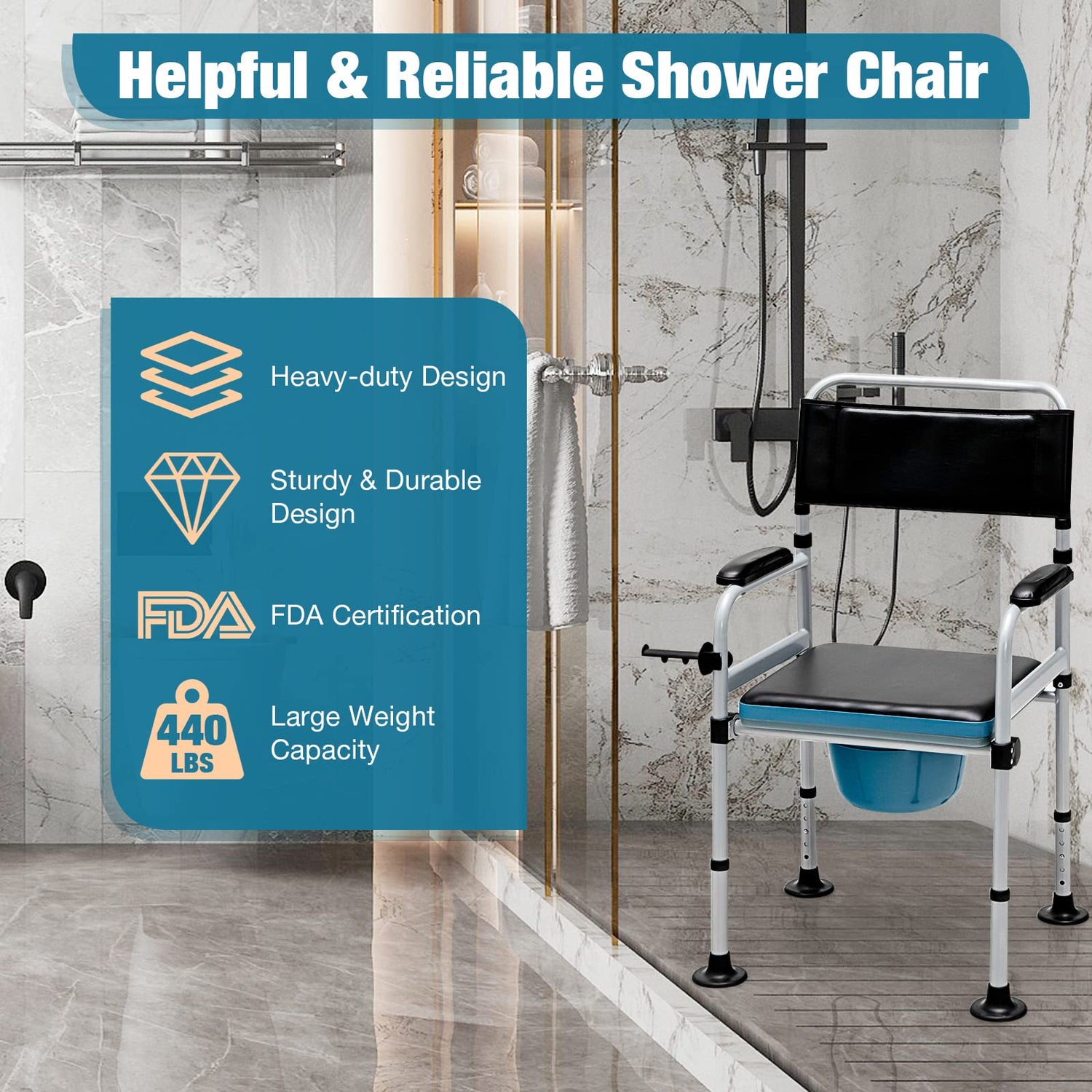 GYMAX Folding Bedside Commode, 440lbs Commode Chair for Toilet with Arms, Padded Seat, Removable Bucket & Toilet Paper Holder