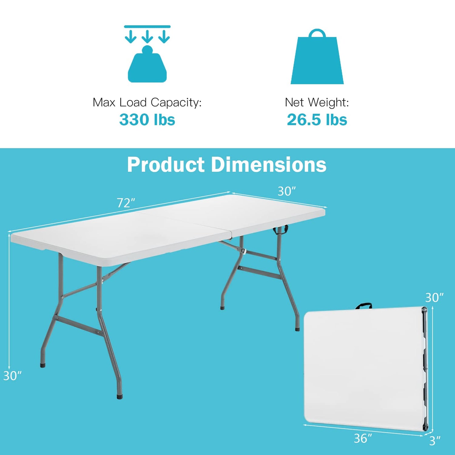 GYMAX 6FT Folding Tables, Portable Lightweight Camping Table with Carry Handle