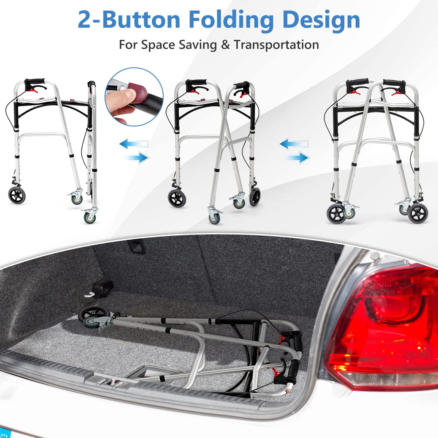 GYMAX Walkers for Seniors, 2-Button Folding Walker with 5 Inches Lockable Wheels, Padded Seat & Trigger Release
