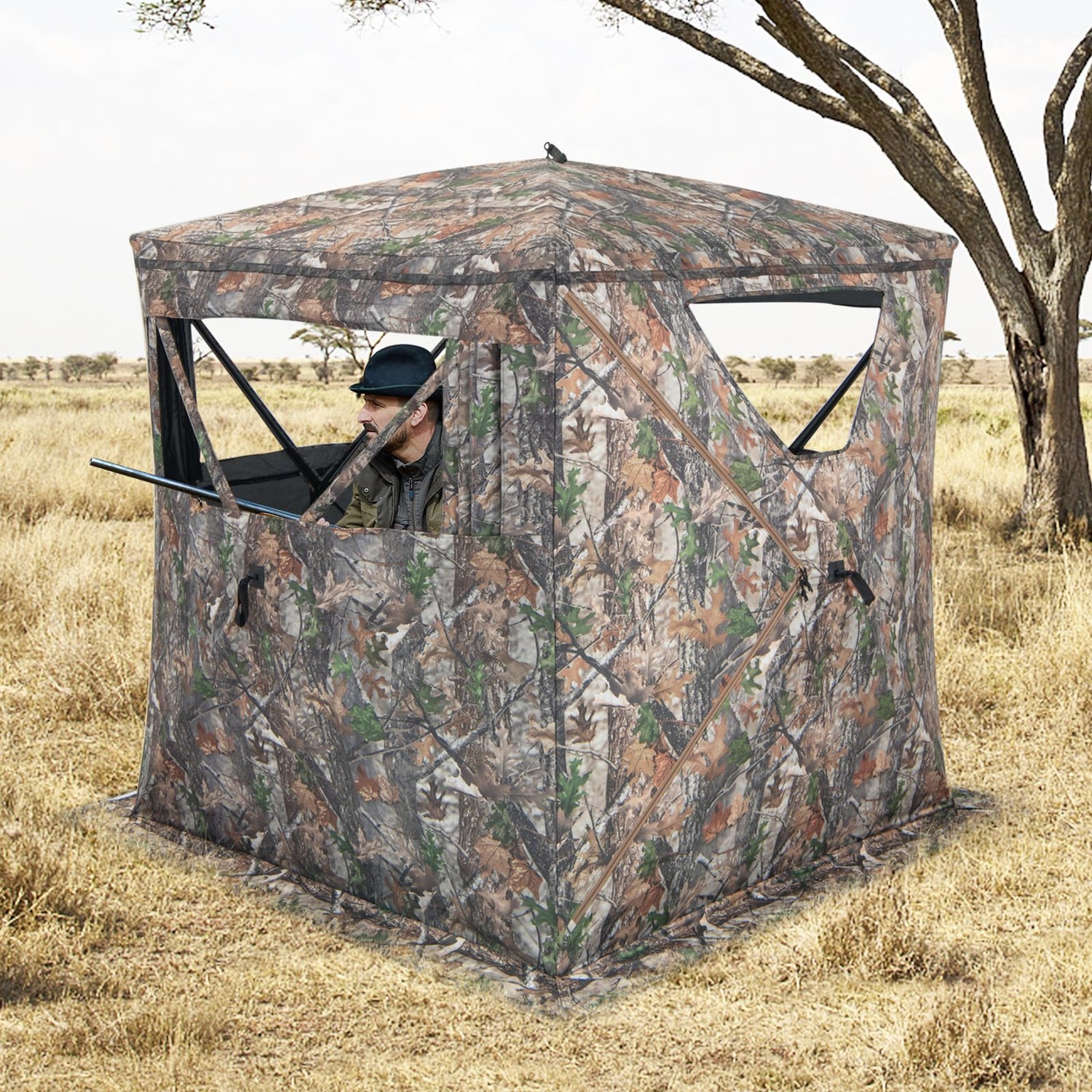 GYMAX Hunting Blind, 3 Person Pop up See Through Camouflage Deer Blind with Silent Sliding, Windows