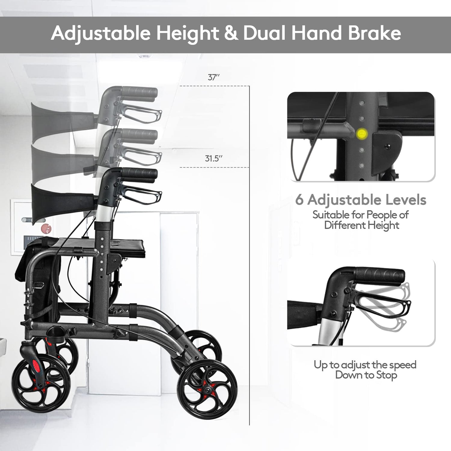 GYMAX 2 in 1 Foldable Rollator Walker, Height Adjustable 4 Wheel Transport Chair with Reversible Backrest
