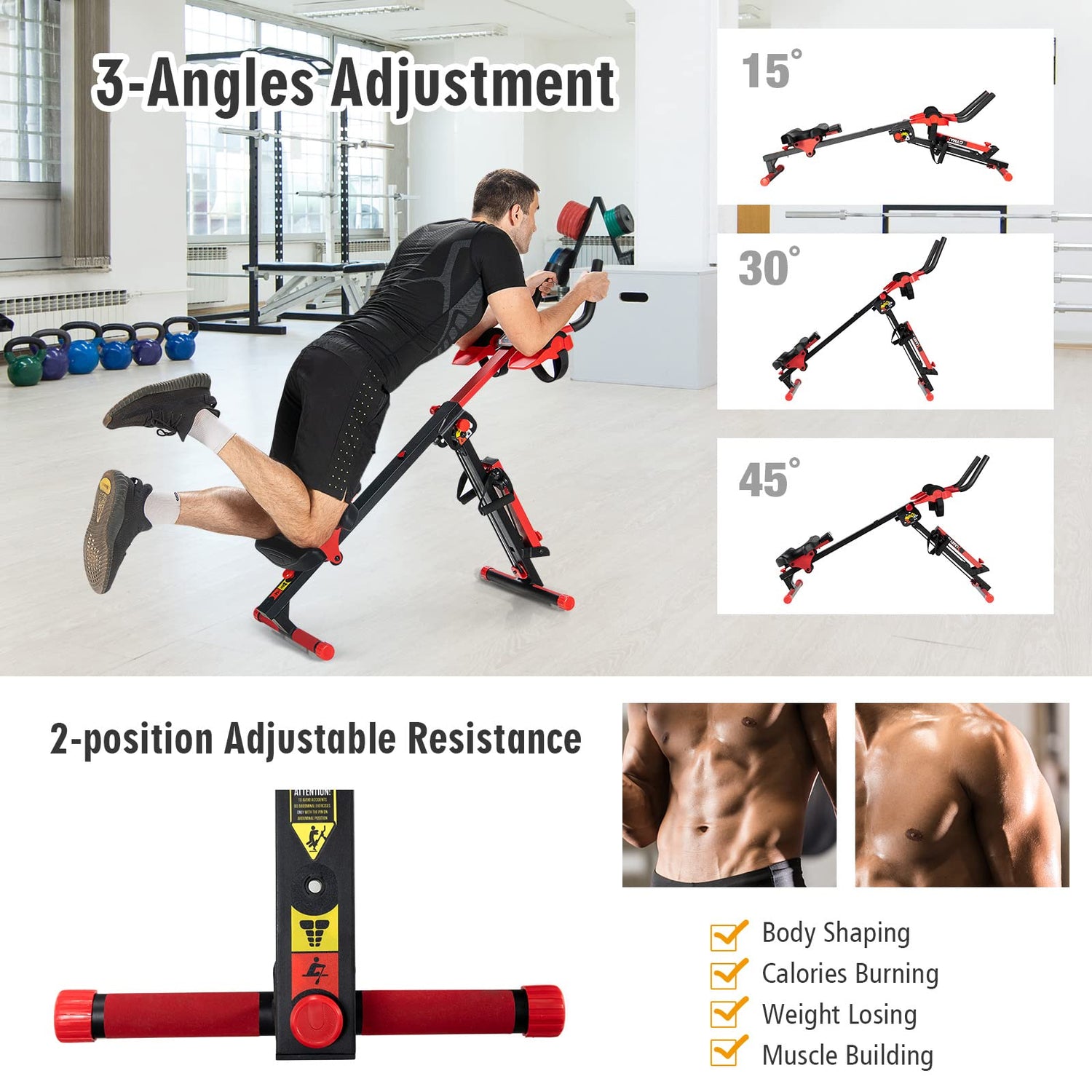 GYMAX 4 in 1 Rowing Machine, Adjustable Ab Machine with Resistance Bands