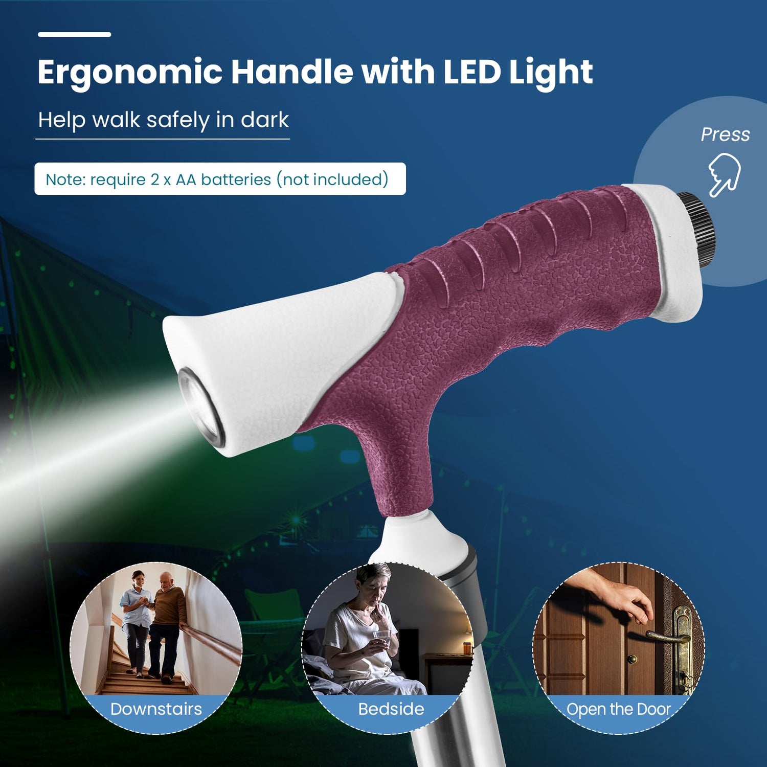 GYMAX Walking Stick Chair Combo, Folding Cane Seat with LED Light, Massage Seat Board & Ergonomic Handle