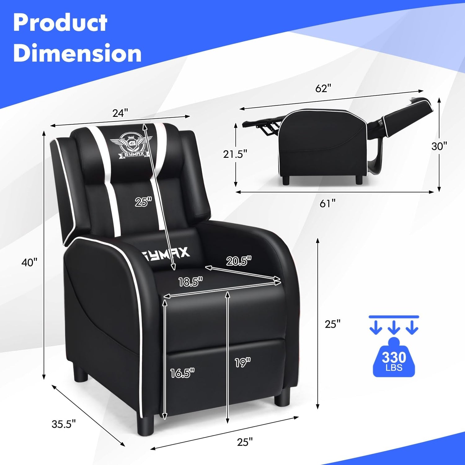 GYMAX Gaming Recliner, Massage Gaming Chair w/Adjustable Footrest, Remote Control & Side Pocket