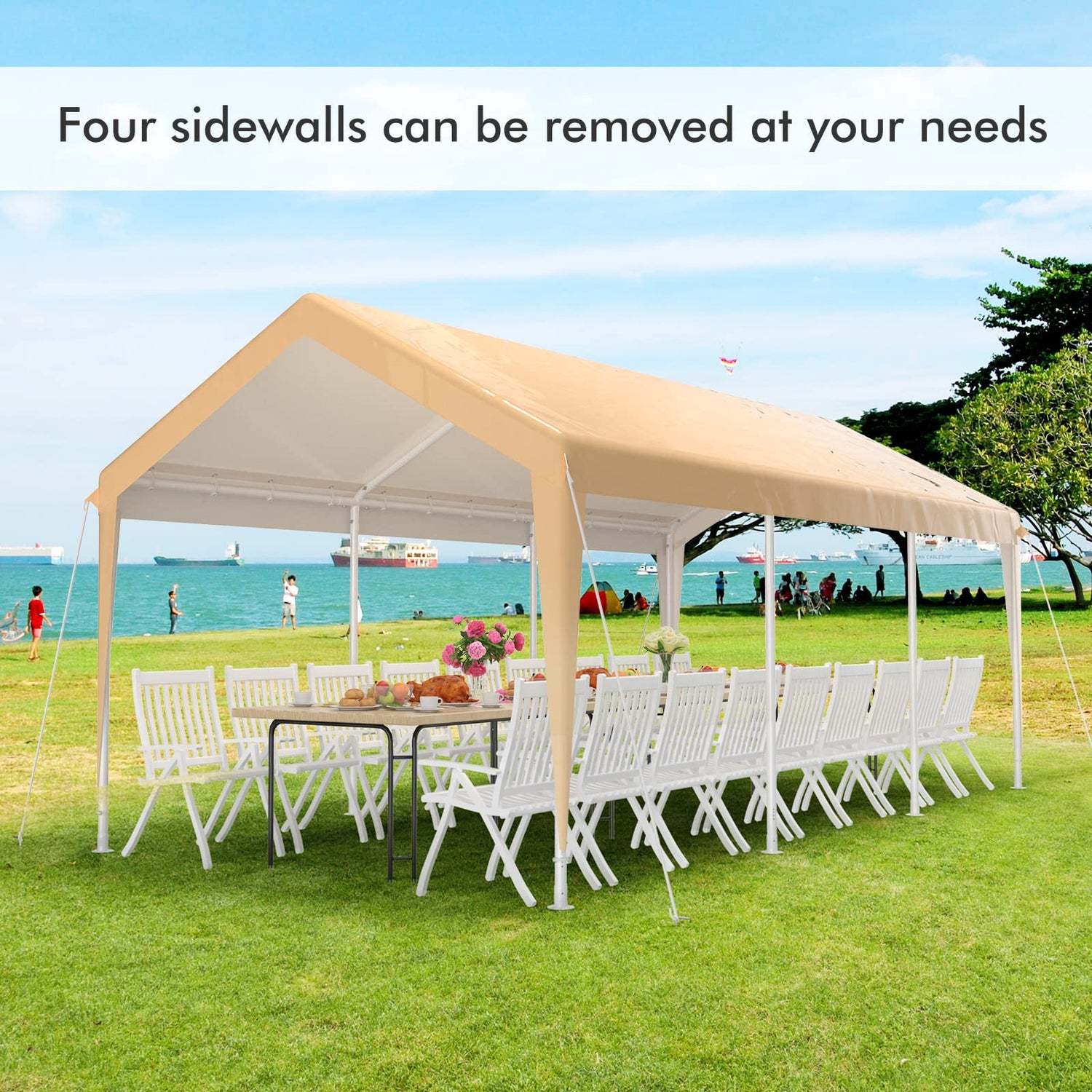 GYMAX Carport, 10x20ft Portable Garage with Roll-up Window, Removable Sidewall & Doors, Heavy Duty Metal Car Canopy for Truck