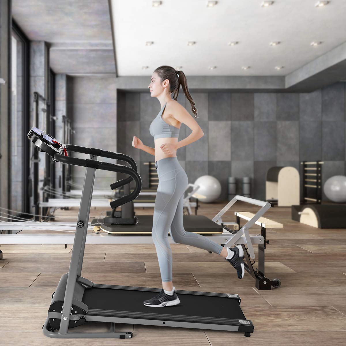 Slow Jogging Machine GYMAX Folding Treadmill, Electric Motorized Running Jogging Machine wi ...